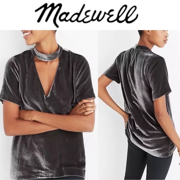 MADEWELL DARK METAL GREY VELVET SILK BLEND CHOKER SHIRT SLEEVE WOMENS TOP - Picture 1 of 11